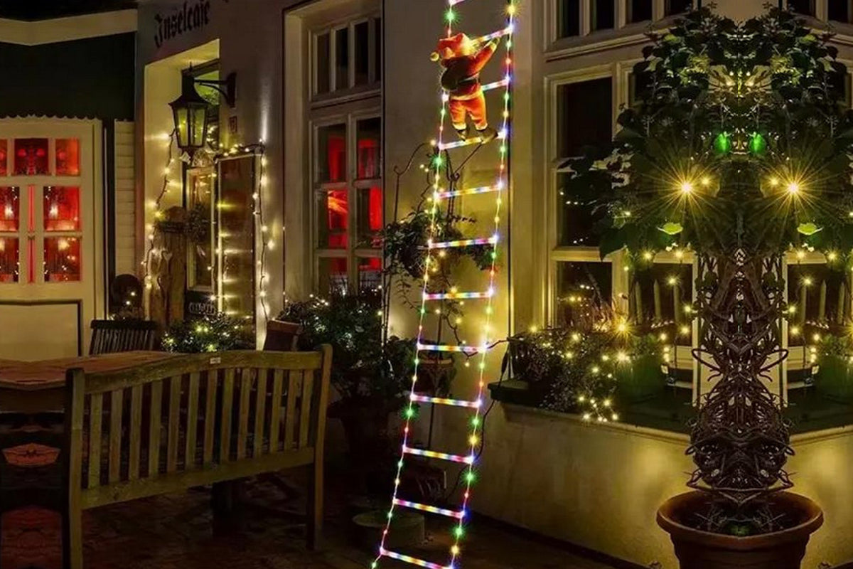 1.7M 160 LEDs Christmas Ladder Lights with Santa Claus Xmas Giant Climbing String Lights Decorative Outdoor Yard Led Ornaments-Bell