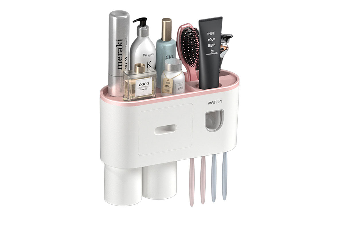 Wall Mounted Toothbrush Holder for Bathroom Automatic Toothpaste Dispenser Kit-Pink