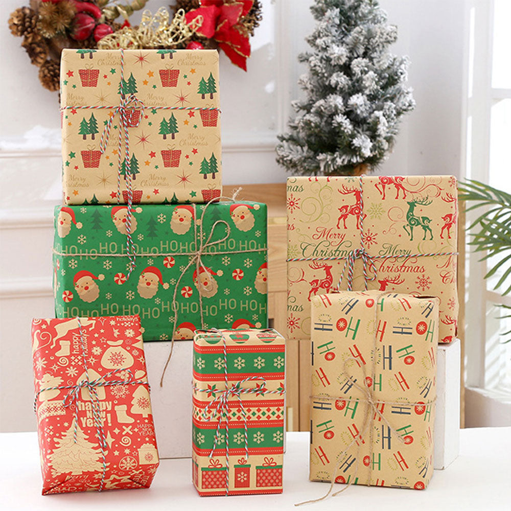 12 Sheets Christmas Wrapping Paper with Jute String Cute Xmas Wrap Kit