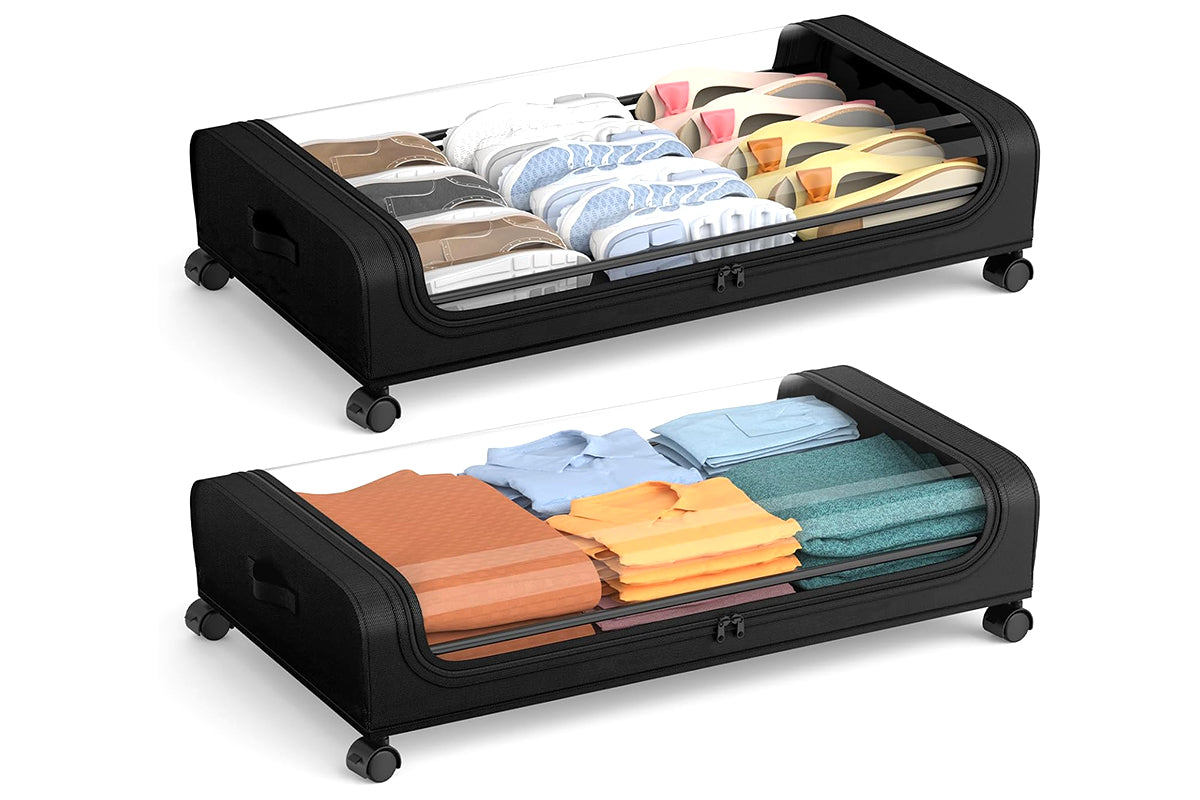 2Pcs 32L Under Bed Storage Container with Wheels Under Bed Shoe Storage with Handles for Clothes Shoe Blanket Toy Book-Black