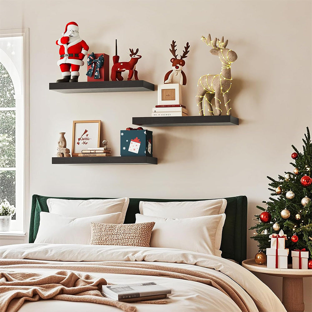 3Pcs Set Wall Mounted Floating Shelves Hanging Wood Storage Shelves for Home Bathroom Black