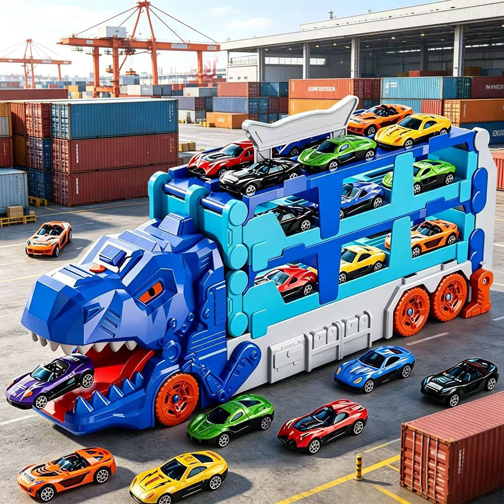 Foldable Dinosaur Truck with Dual Tracks and 6 Small Cars - Blue