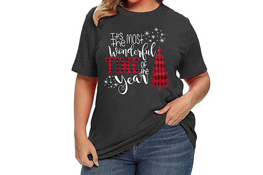 Women Merry Christmas Printed Short Sleeve Round Neck T-Shirt Top-Christmas tree
