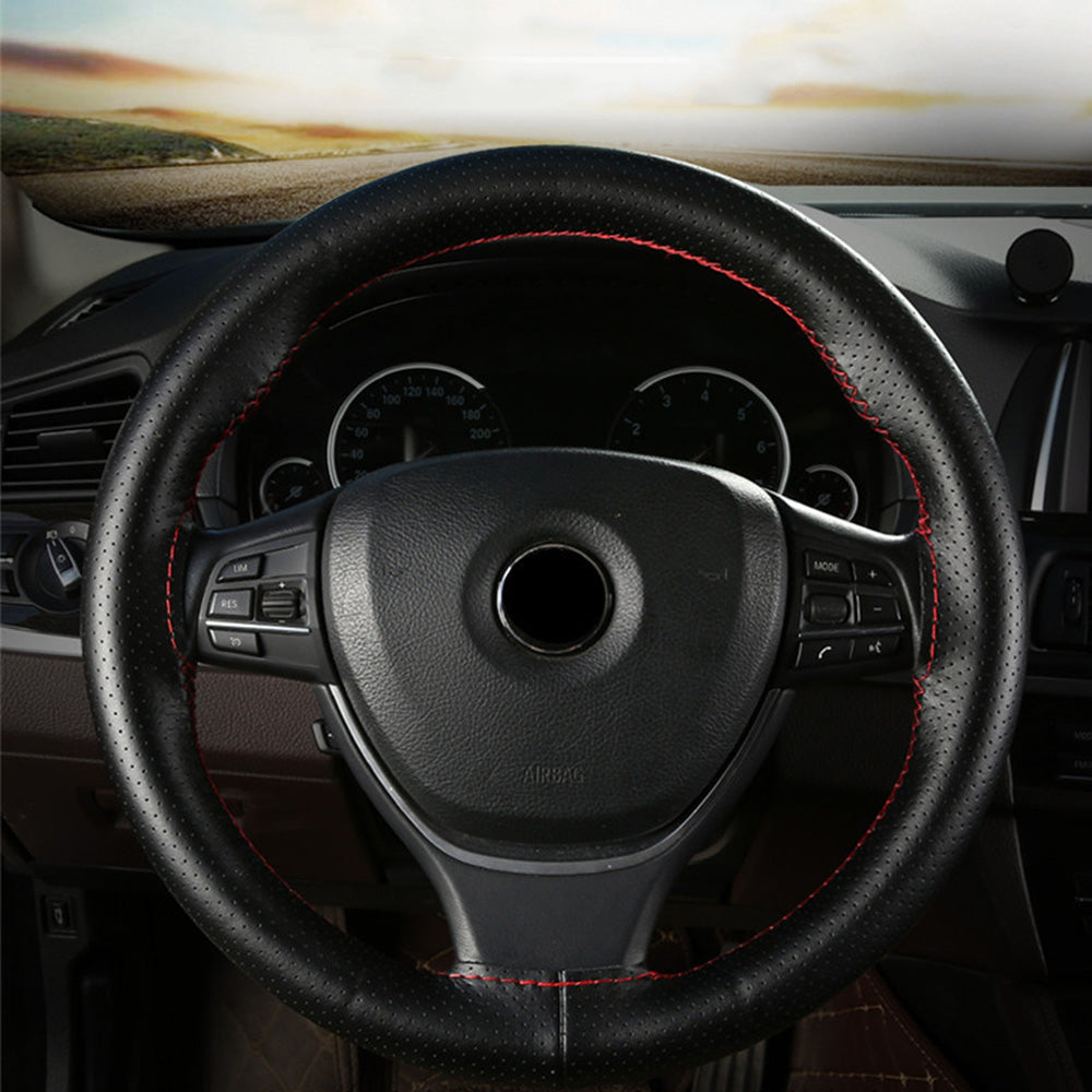 Leather Steering Wheel Cover Non-Slip Auto Steering Wheel Protector Black and Red