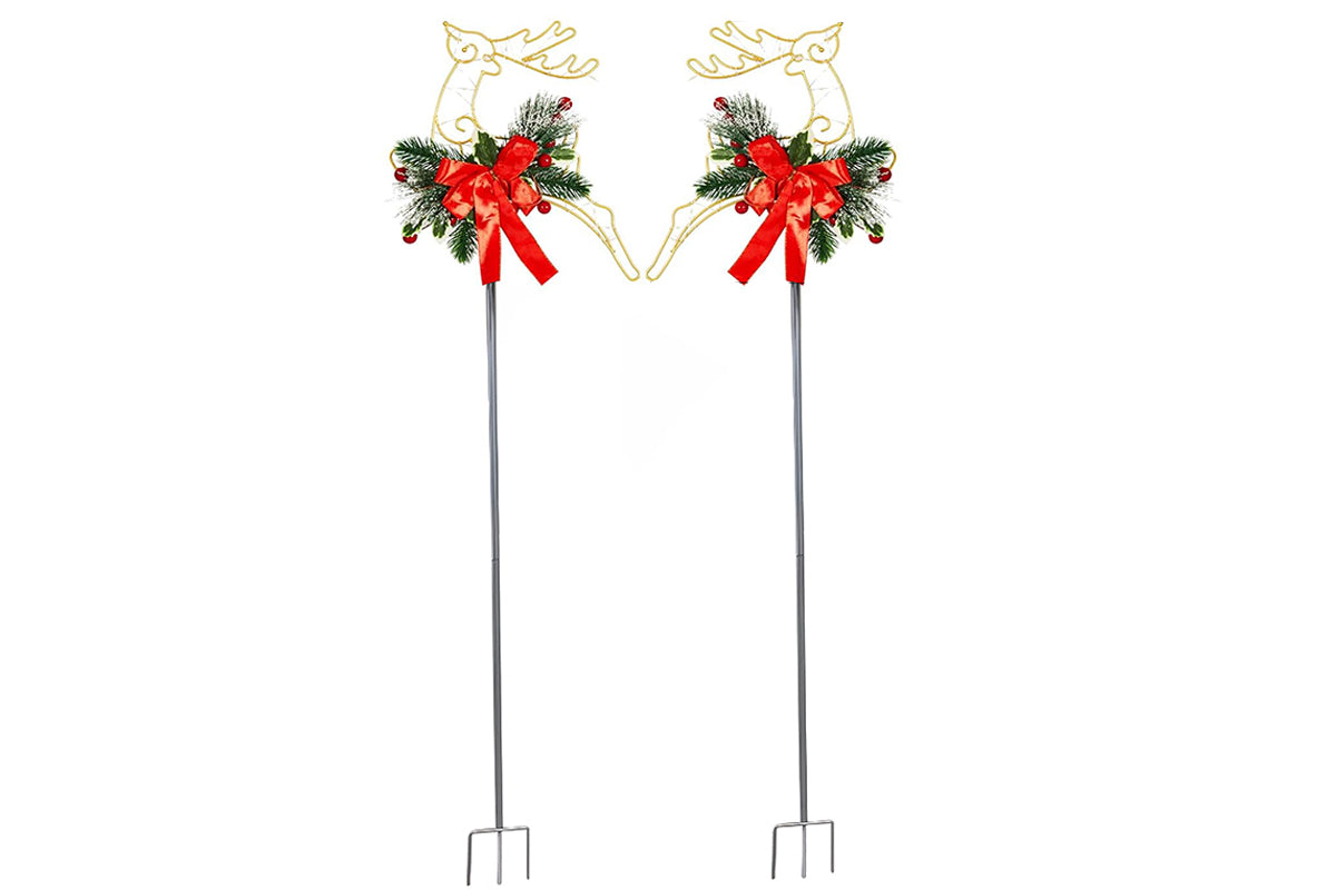2Pcs 30LED Outdoor Christmas Reindeer Lights Garden Stake Lights Lawn Yard Metal Decorations Battery Powered Xmas Warm Light