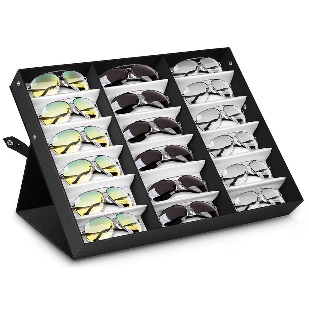 18-Slot Sunglasses Organizer Box Eyewear Display Tray Snap Close Nylon Eye Glasses Case