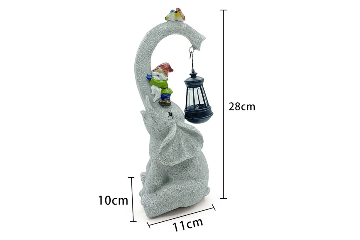 Solar Lights Garden Elephant Statue Outdoor Decor with Garden Gnome and Solar Lantern Outside Patio