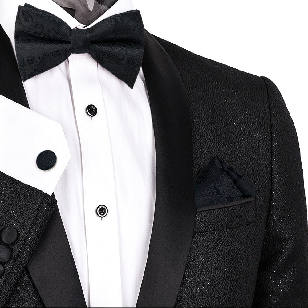 4 Piece Mens Jacquard Pre Tied Bow Tie Pocket Square and Cufflink Set - Black