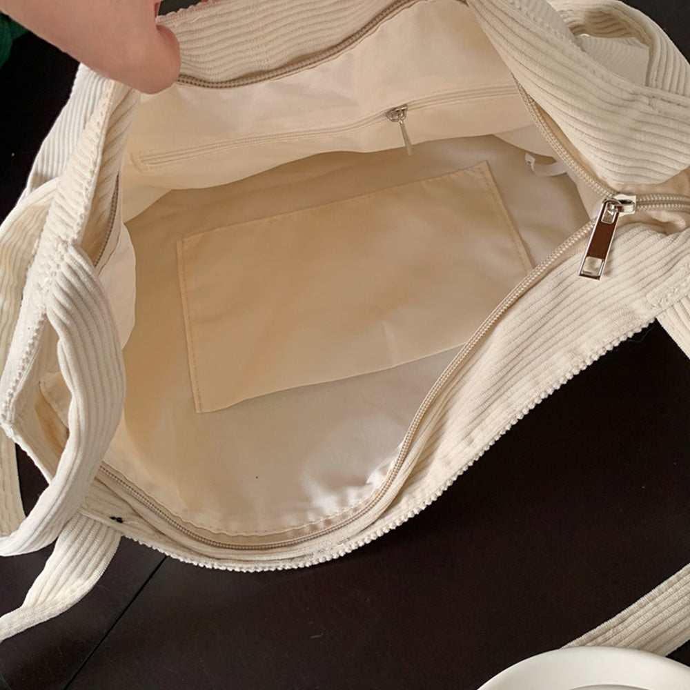 Women Corduroy Tote Bag Shoulder Hobo Bag Big Capacity Shopping Work Bag Beige