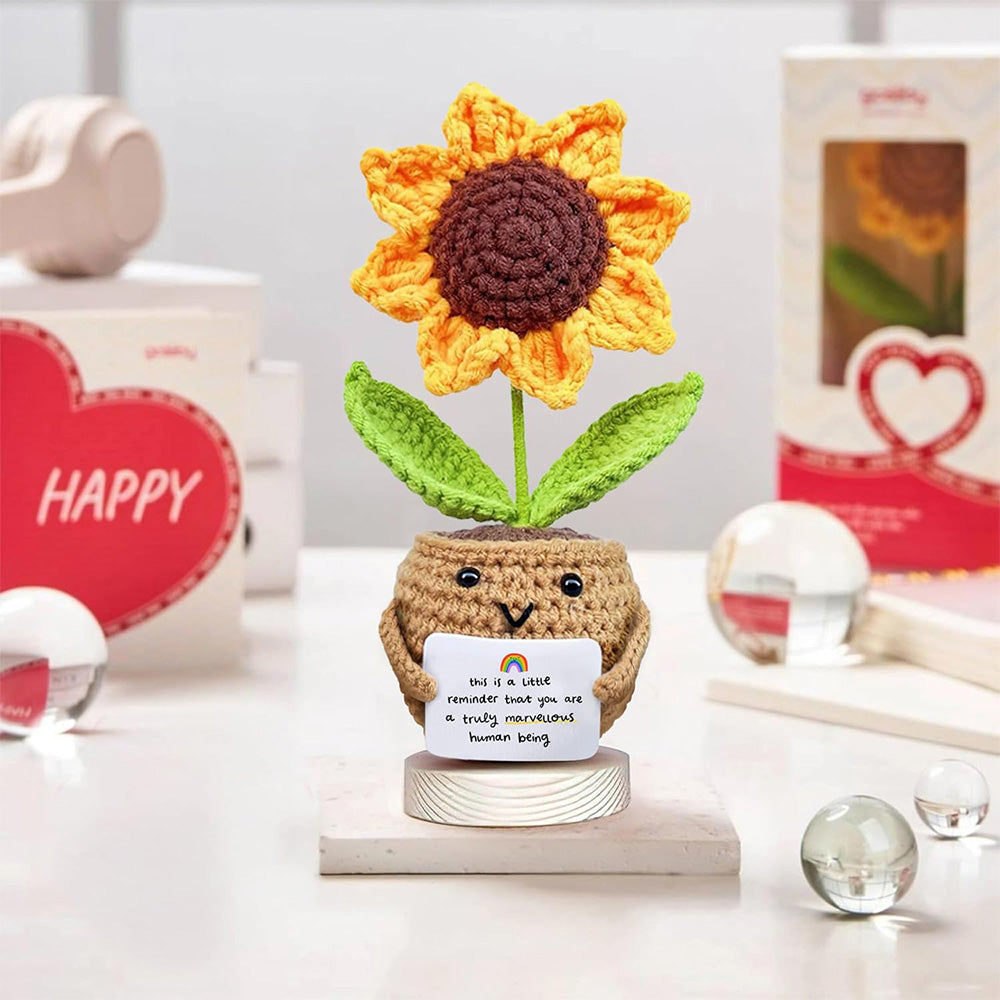 2Pcs Handcrafted Sunflower Doll Soft Acrylic Fabric Yarn Decor with Motivational Card