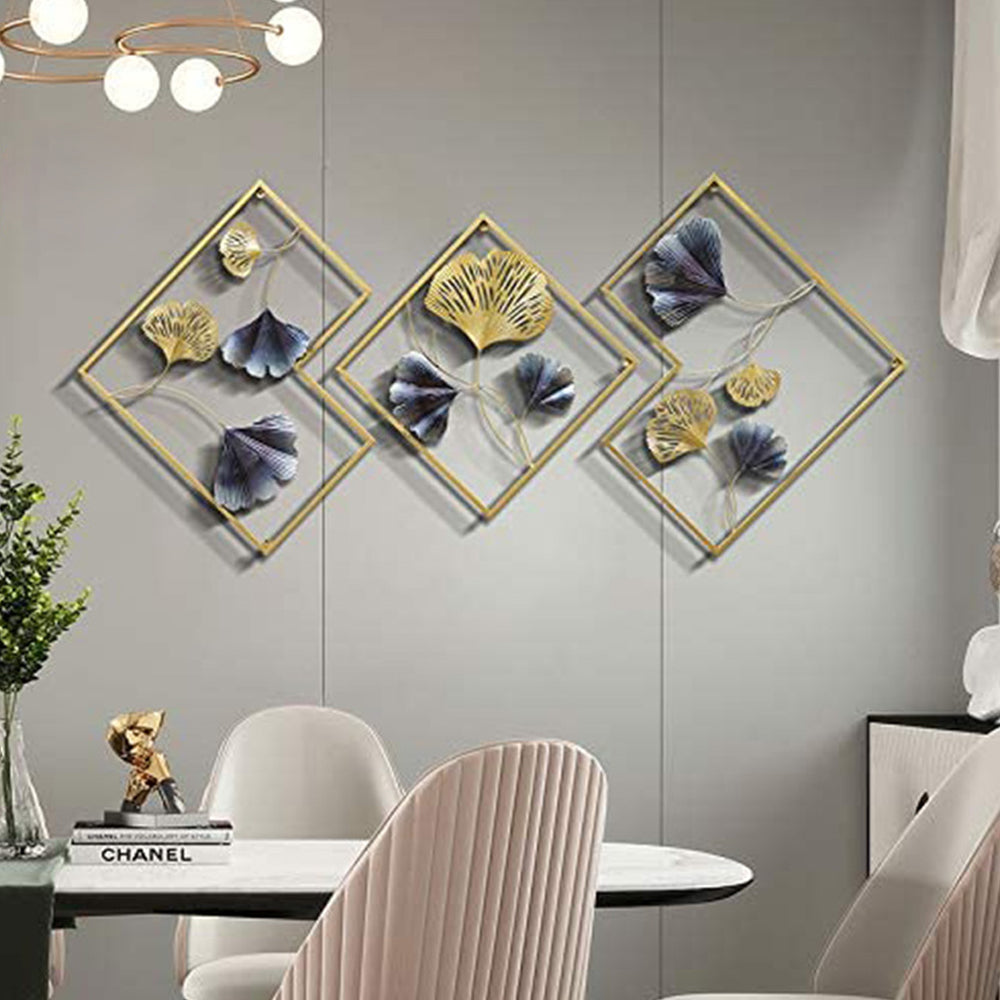 3 Pcs Set Ginkgo Leaf Sculpture Decor Metal Leaf Wall Art Ornaments Wall Hanging Decor Dark Blue