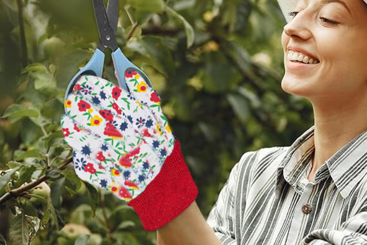 Polyester Floral Gardening Gloves Soft Breathable Yard Work Glove-Red