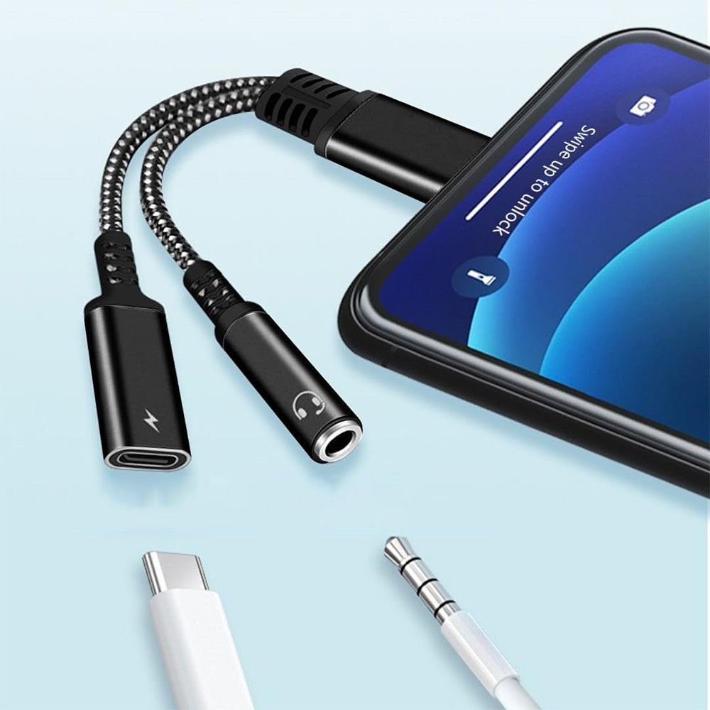 2-in-1 Type-C Audio and Charging Adapter for USB-C Devices with 30W Fast Charge Black