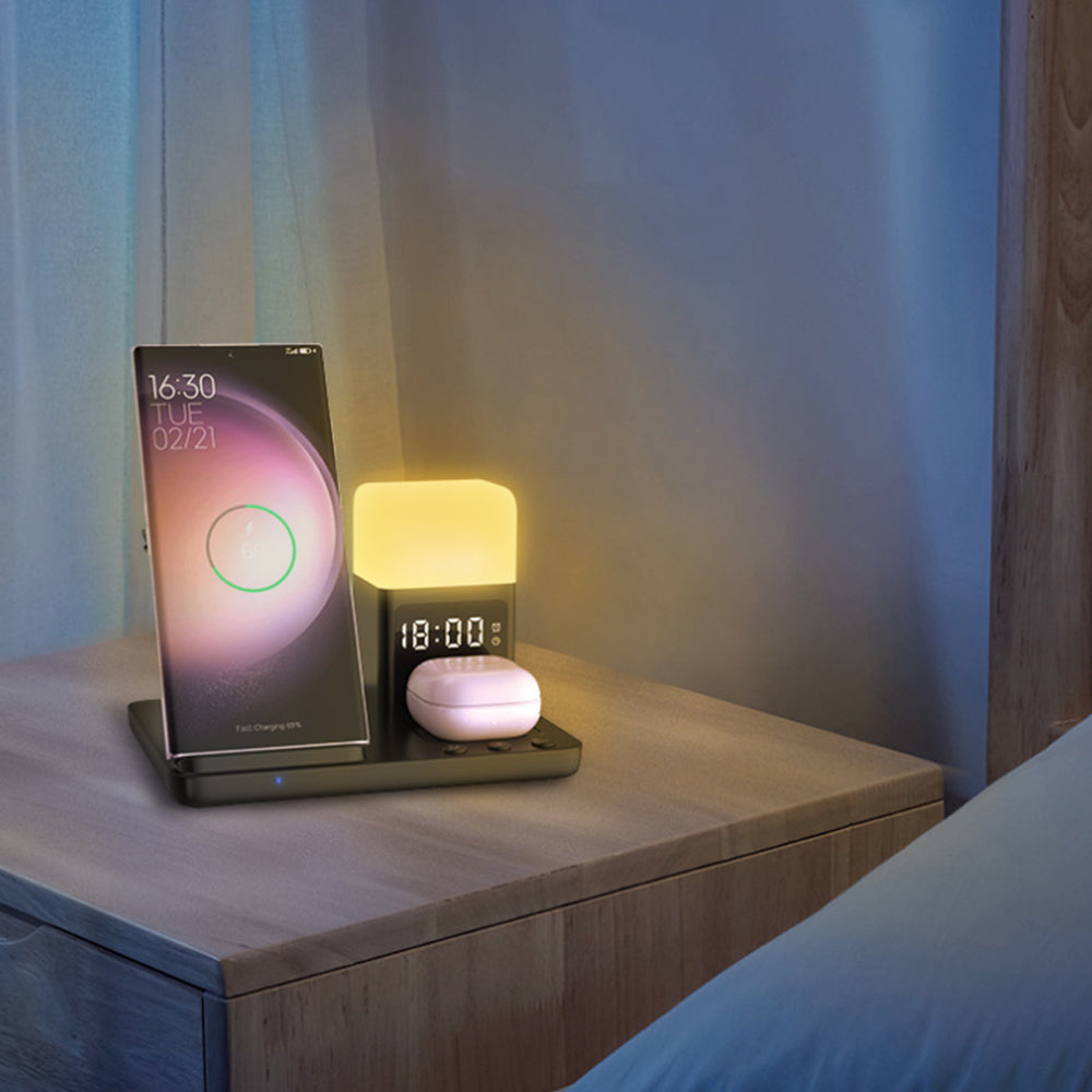 Wireless Charging Station with Alarm Clock Night Light 6-in-1 Charging Dock for Smartphone/Watch/Earbuds