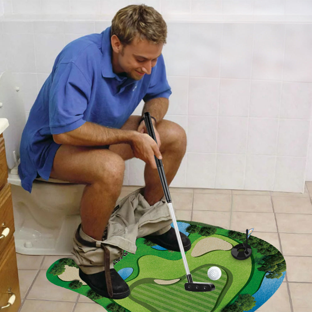 Toilet Mini Golf Game Toy Set Golf Practice Mat Golf Club 2 Balls Kit