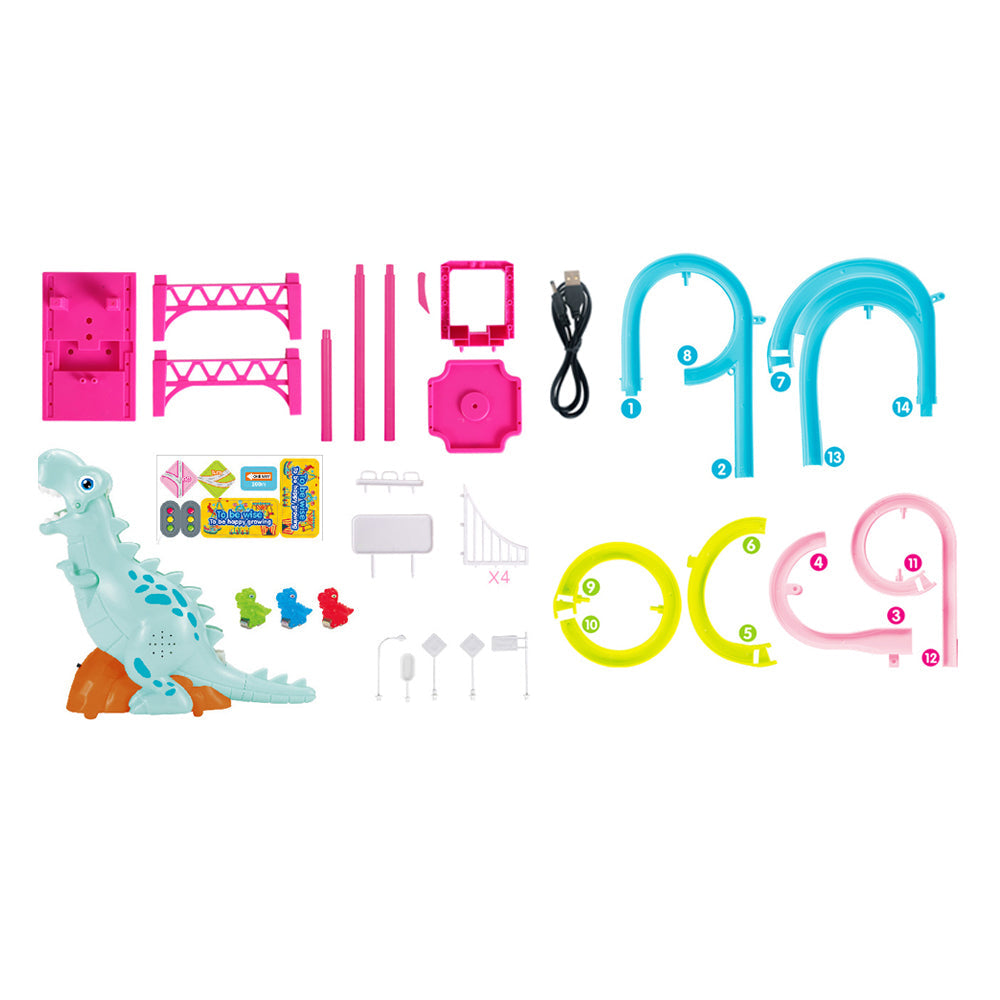 Electric Dinosaur Race Track Toy Set with Music and Lights Slide Railcar Track Toy Educational Assembly Toys