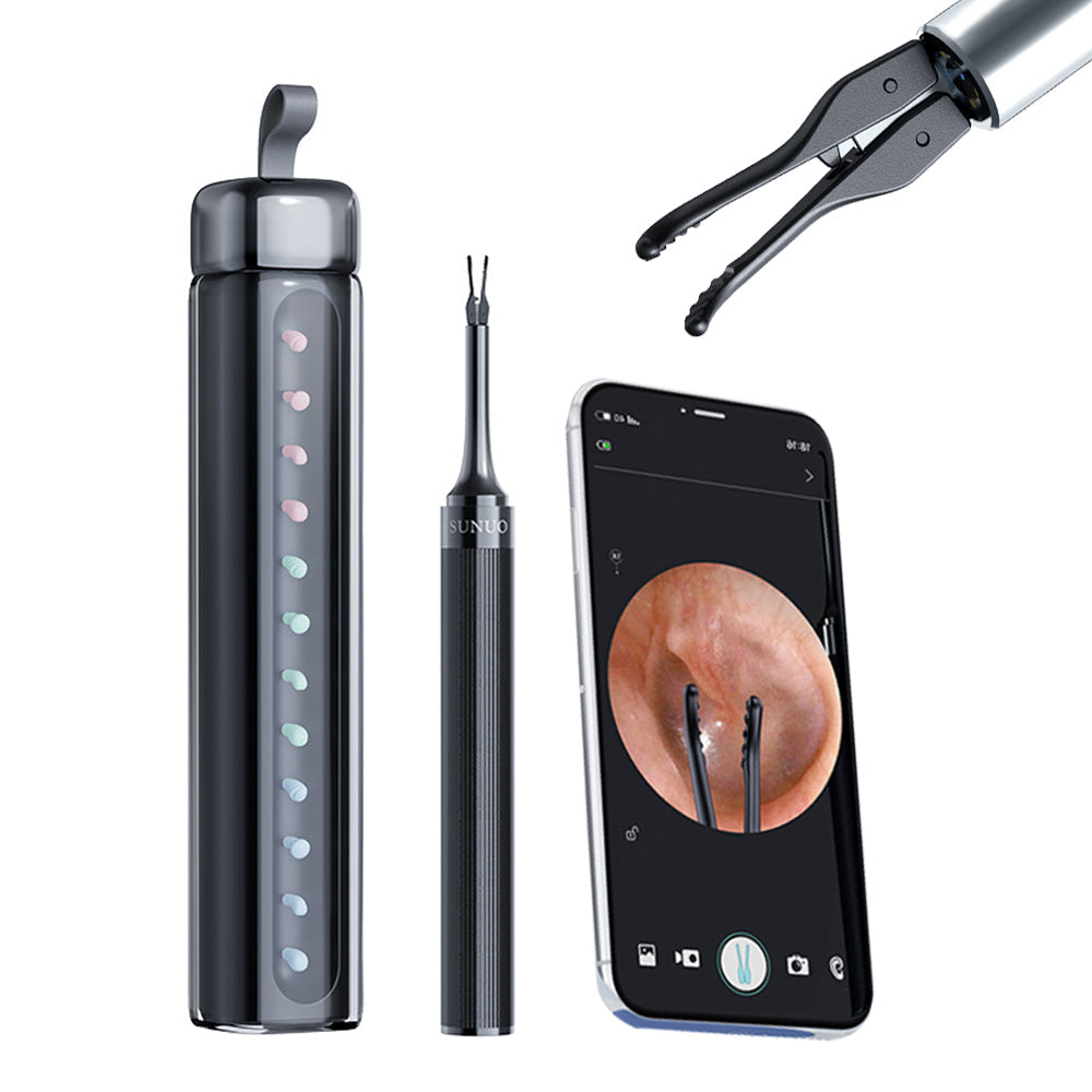 2-in-1 Visual Ear Wax Removal Tool with Ear Scoop Ear Tweezers Ear Cleaning Tool Black