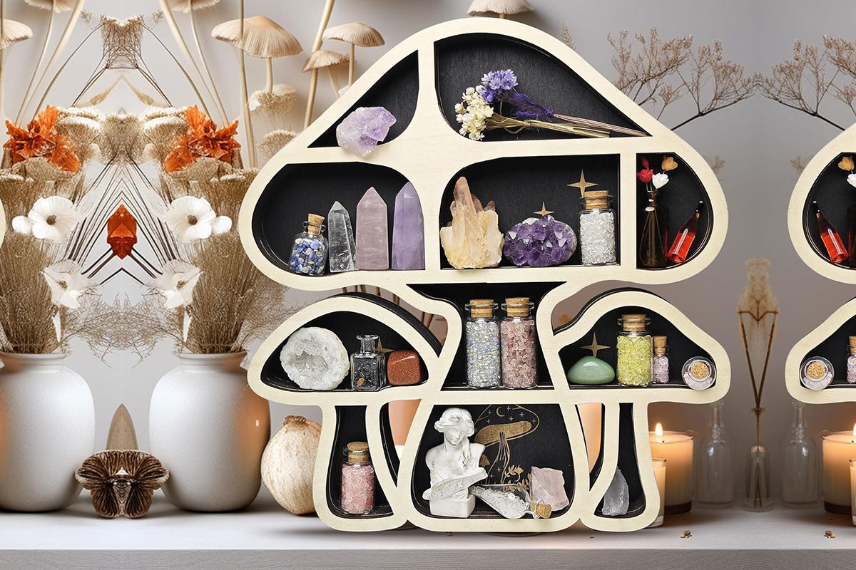 Wooden Shelf Halloween Crystal Display Shelf Decor-Mushroom