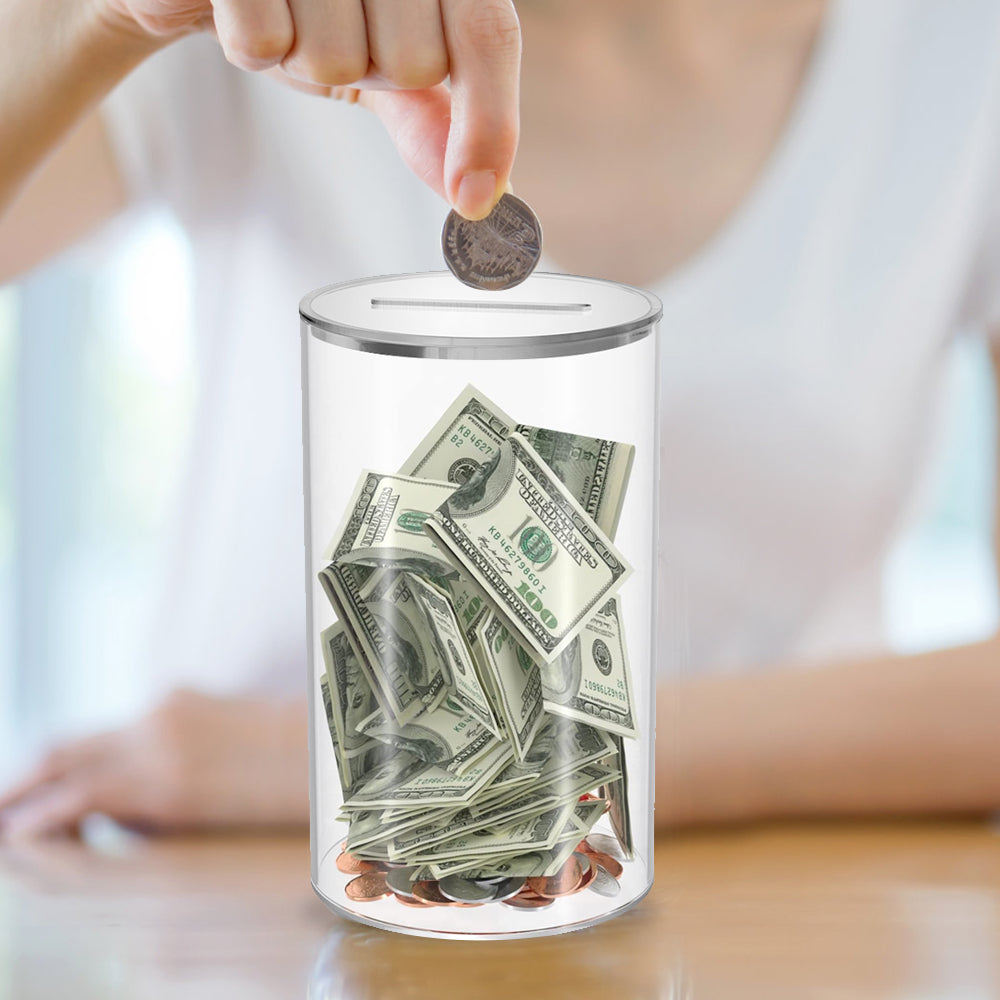 Round Clear Acrylic Piggy Bank Must Break to Open Money Box