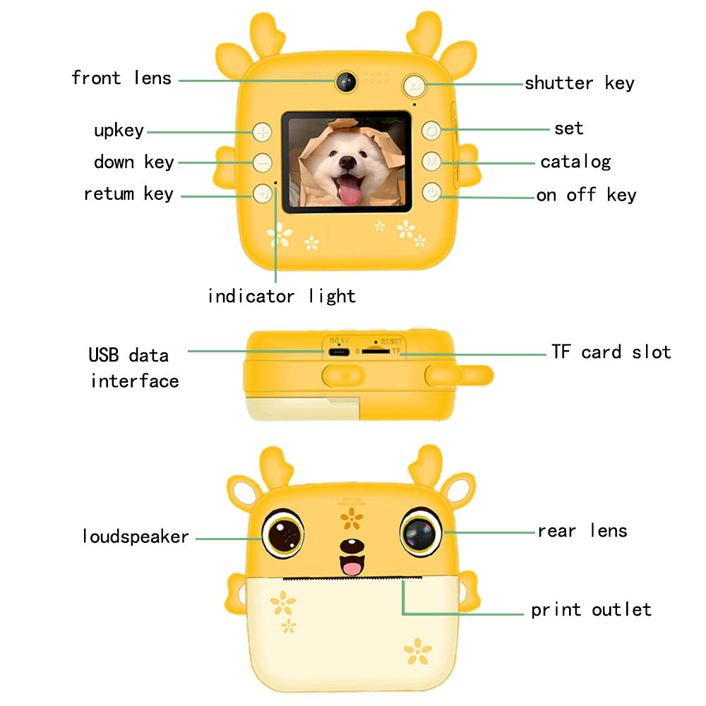 Kids Instant Camera Dual Camera Print Cam 1080P Video Recorder Digital Camera Gift for Boys Girls-Yellow