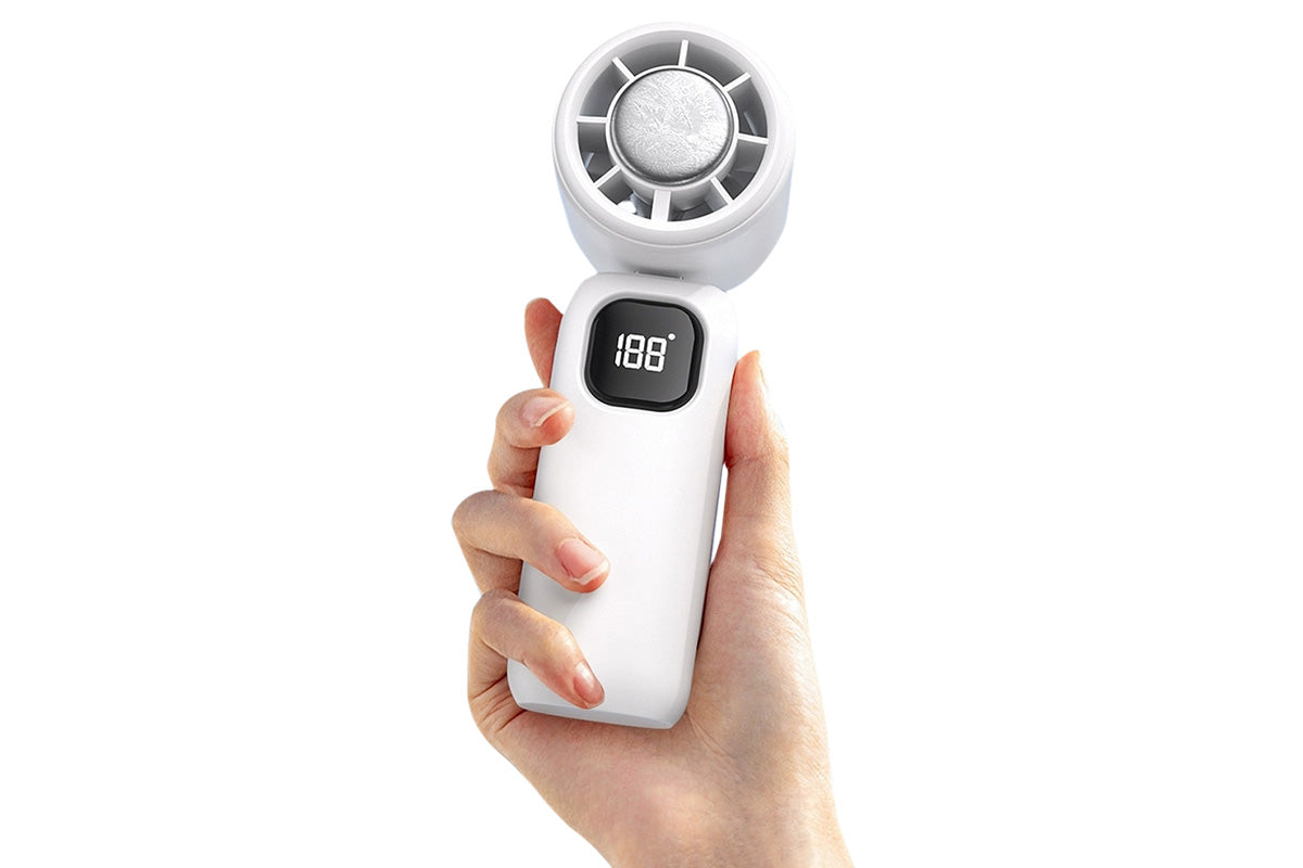 100 Speeds Digital Display Cooling Fan USB Fan with Lanyard and Phone Holder Base-White