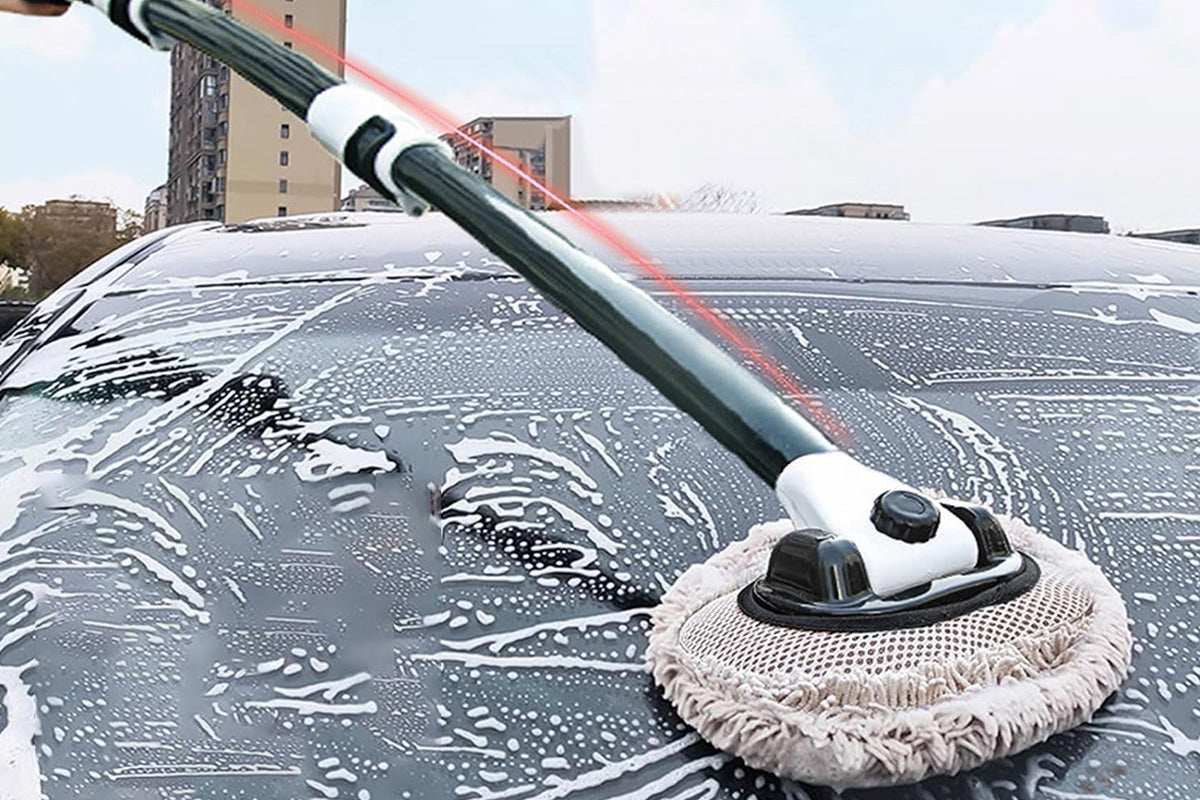 102cm Telescopic Adjustable Car Wash Mop Brush Kit with 15 Degree Curved Long Handle for Vehicle Cleaning -WhiteBlack