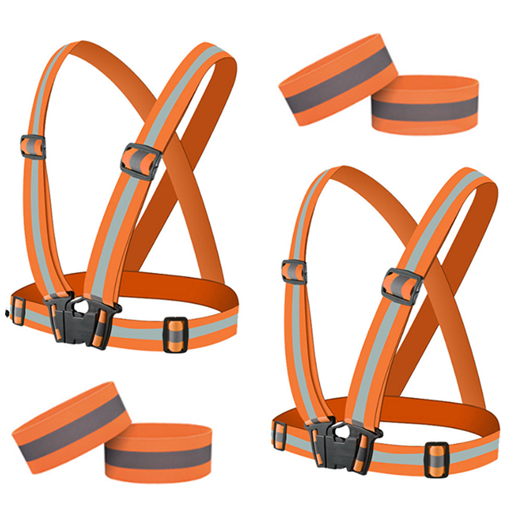2Pcs Adjustable Reflective Vests and 4 Bands High-Visibility Elastic Gear for Night Running Cycling Orange