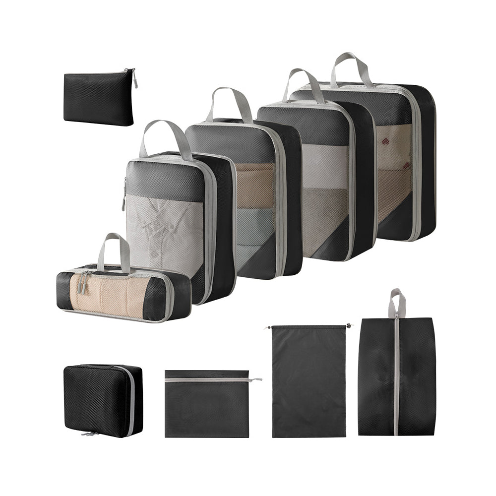 10Pcs Compression Packing Cubes Suitcase Organizer Bag Luggage Storage Packing Cubes for Travel or Home Storage-Black