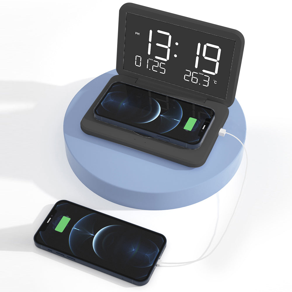 Digital Thermometer Alarm Clock Electric Wireless Charger for Wireless Charging Phone Black