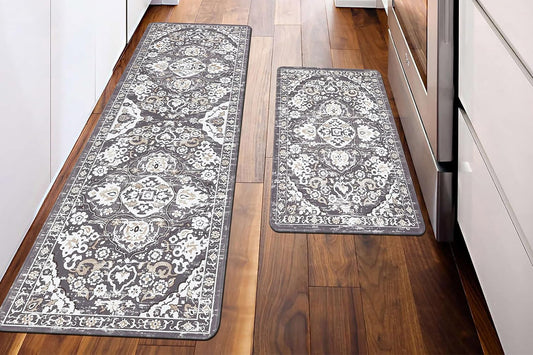 2Pcs Boho Anti-Fatigue Kitchen Mats Non-Slip Cushioned for Kitchen Sink Laundry -Black