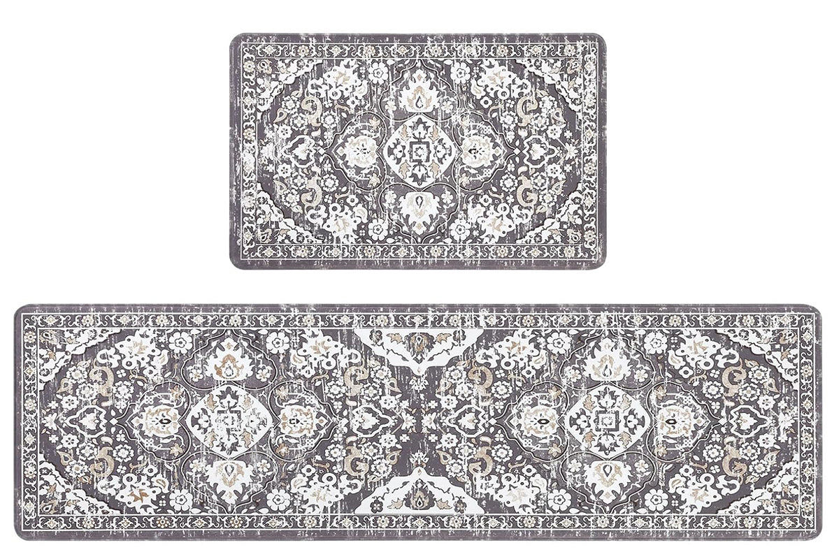 2Pcs Boho Anti-Fatigue Kitchen Mats Non-Slip Cushioned for Kitchen Sink Laundry -Black