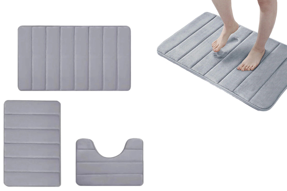 3Pcs Coral Fleece Bathroom Mat Anti Slip Toilet Rugs Fast Absorbent-Light Gray