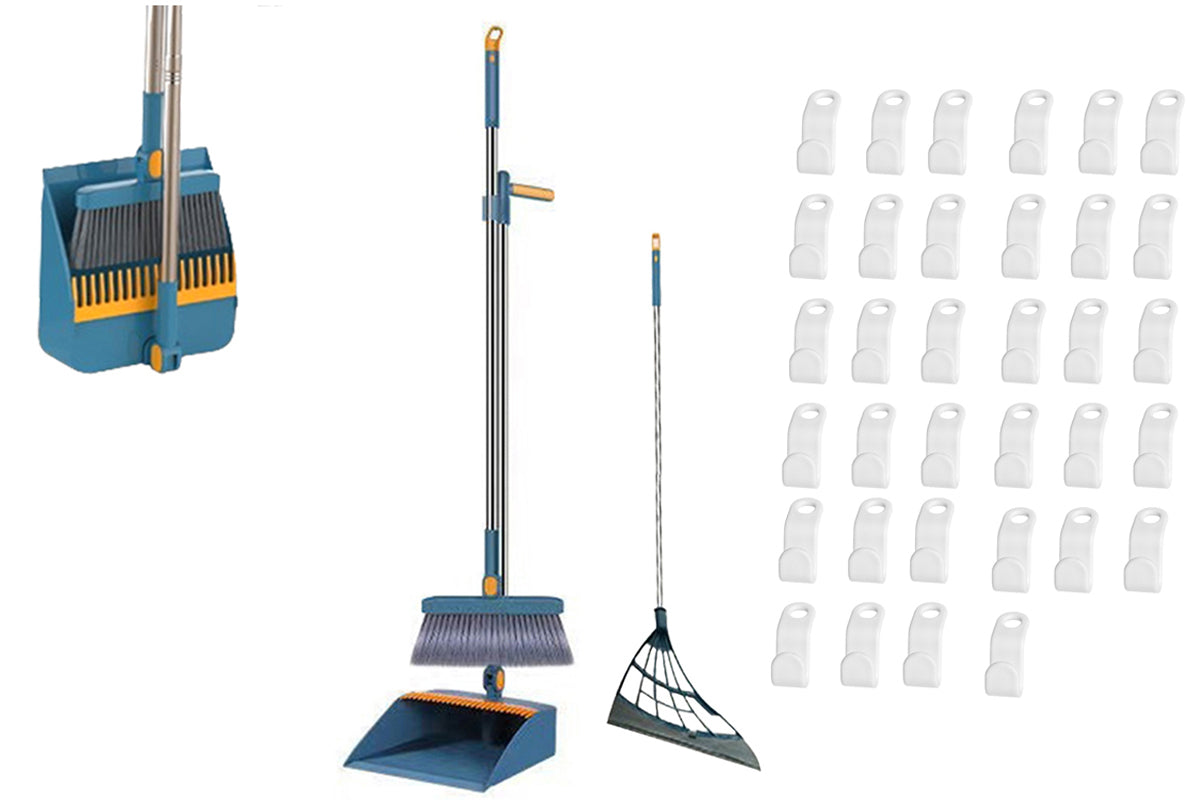 Broom With Foldable Standing Dustpan And Scraper Broom For Cleaning-Blue