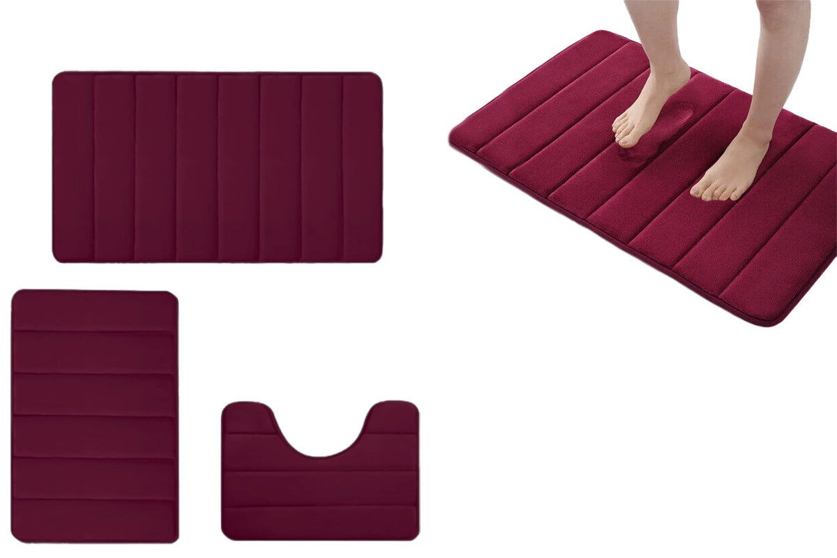 3Pcs Coral Fleece Bathroom Mat Anti Slip Toilet Rugs Fast Absorbent-Wine Red
