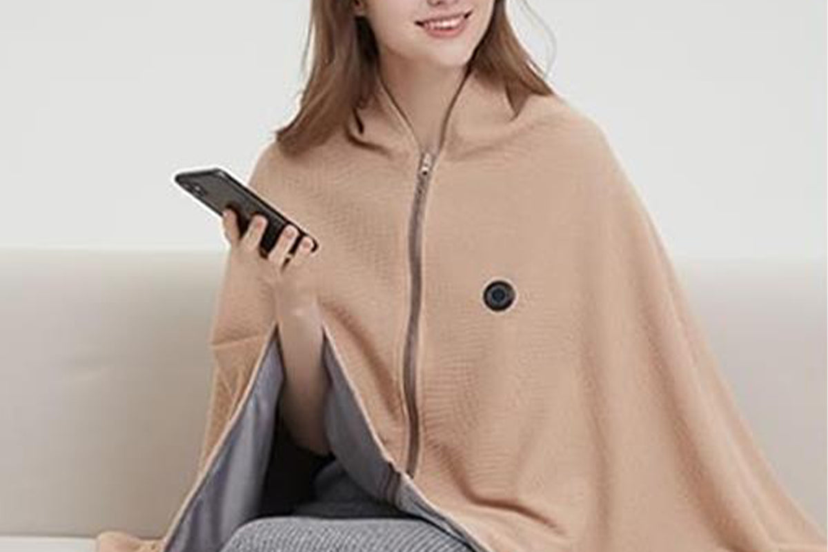 Portable Heated Shawl Wraps with Zipper 15s Fast Heating USB Heated Blanket for Women -Khaki