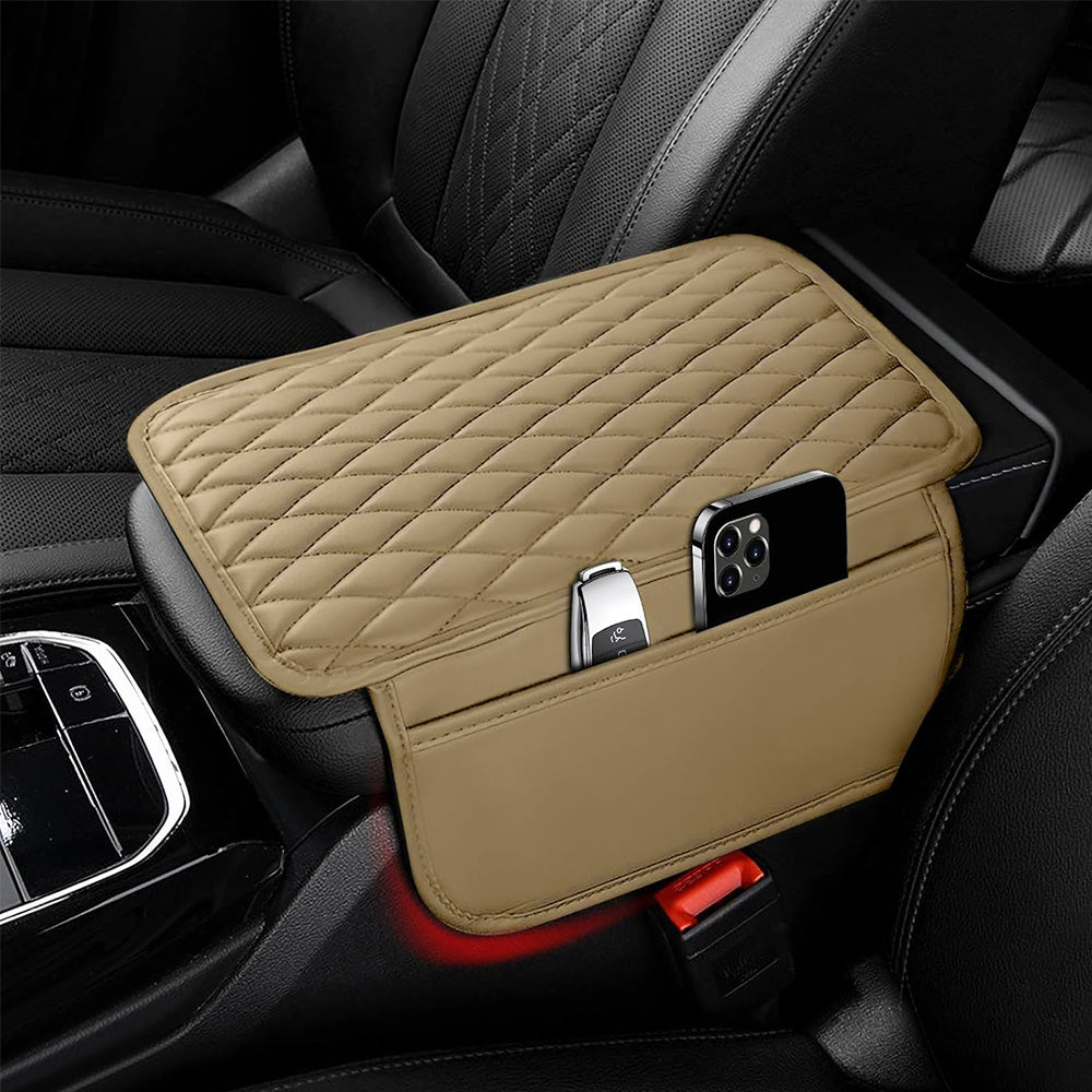 PU Leather Car Center Console Cover with 2 Storage Pocket Car Arm Rest Cover Car Interior Accessories Beige