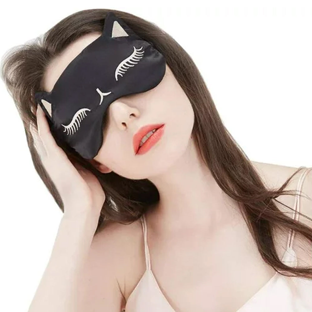Cat Pure Mulberry Silk Travel Sleep Eye Mask Cover Padded Blindfold Soft Silky -Black