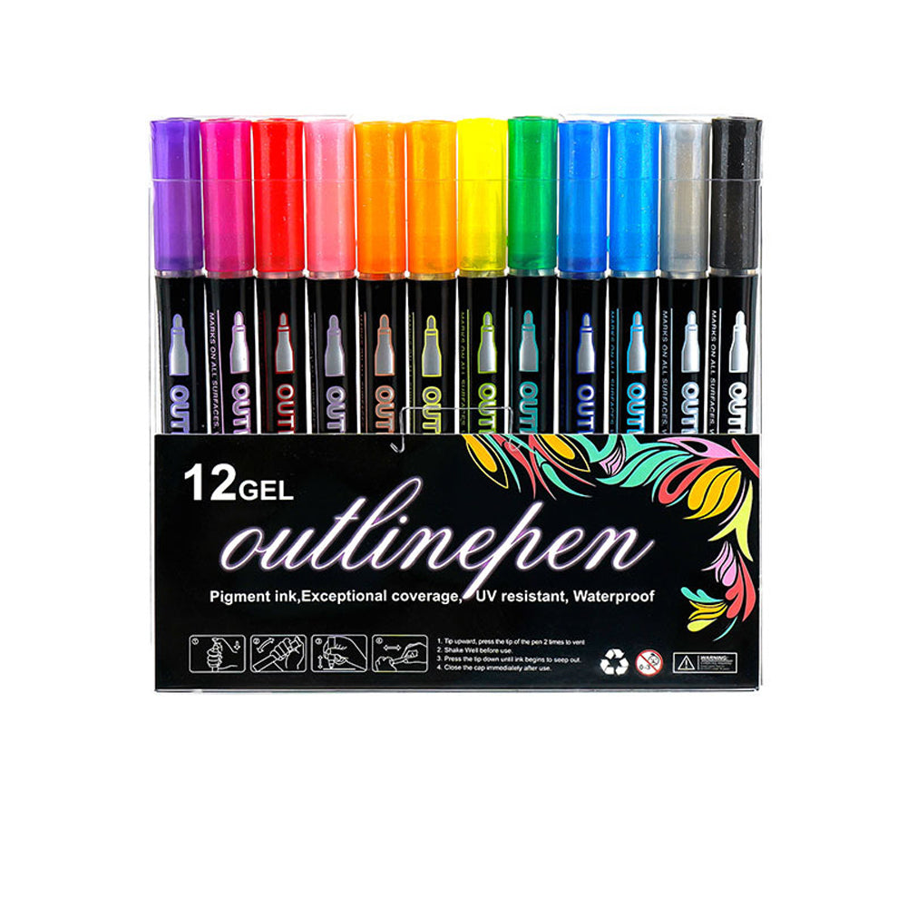 12 Color Multicolored Double Line Outline Marker Pen Set Painting Art
