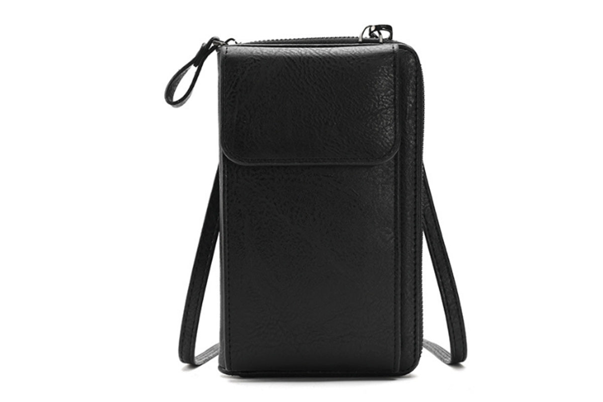 PU Leather Women Pouch Bag Mobile Phone Bag Crossbody Purse Wallet Shoulder Bag-Black