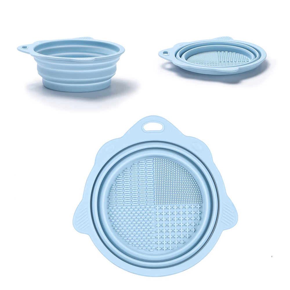 2Pcs Foldable Makeup Brush Cleaner Bowl Portable Silicone Cleaning Tool for Cosmetic Brushes Powder Puffs Sponges Blue