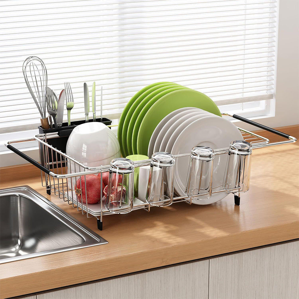 Expandable Over Sink Dish Drying Rack Stainless Steel with Utensil Holder Silver