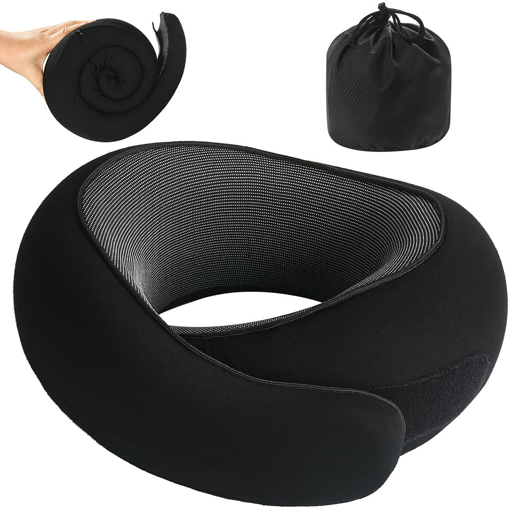 Memory Foam Travel Pillow Neck Support Pillow for Airplane Sleep Black