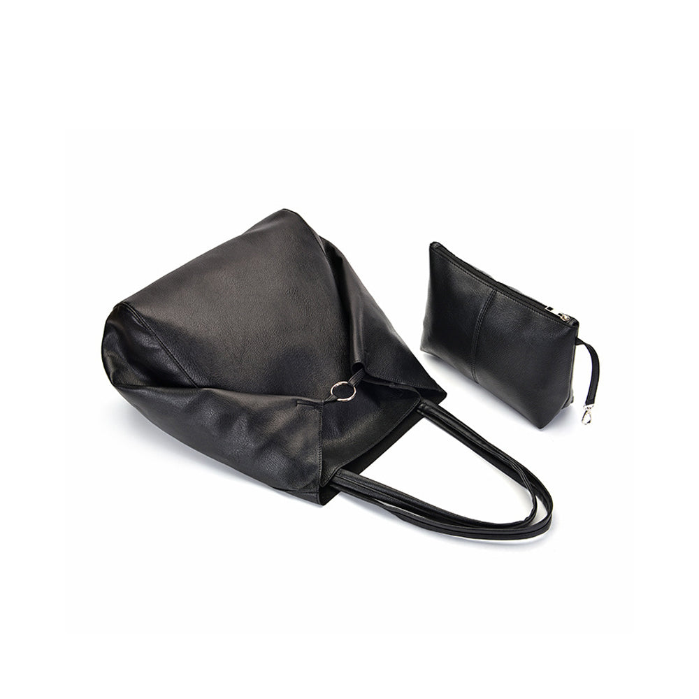 PU Leather Travel Tote Bag and Cosmetic Bag Set Large Handbag for Women Black