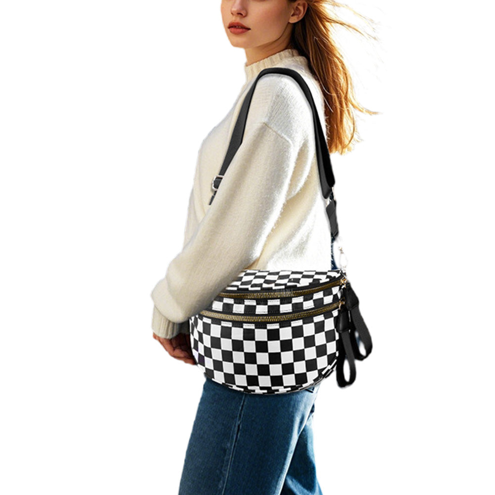 Checkered Crossbody Bag Women Sling Bag with Adjusatble Shoulder Strap Black