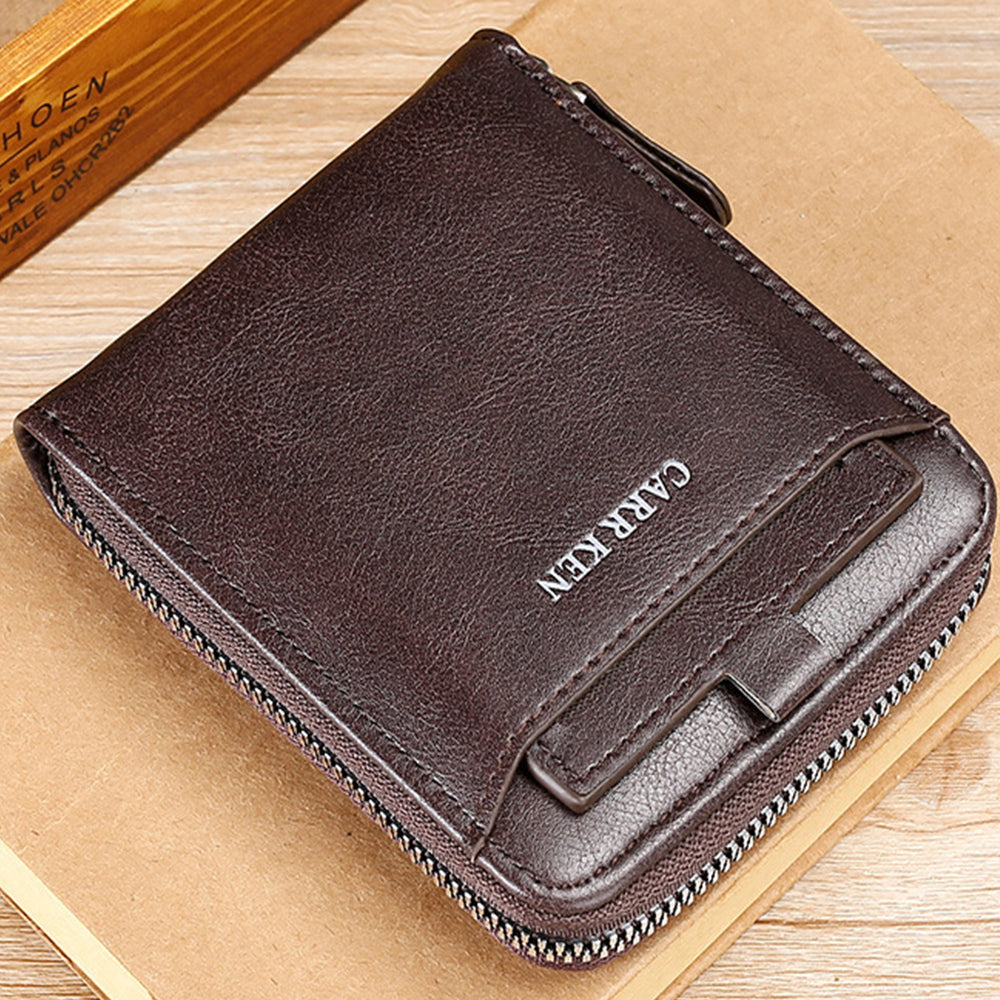 RFID Blocking Wallet Men PU Bifold Credit Card ID Holder Zipper Purse Coffee