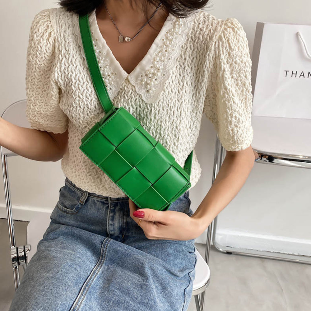 PU Leather Woven Style Crossbody Bag Small Shoulder Fanny Pack for Women Green