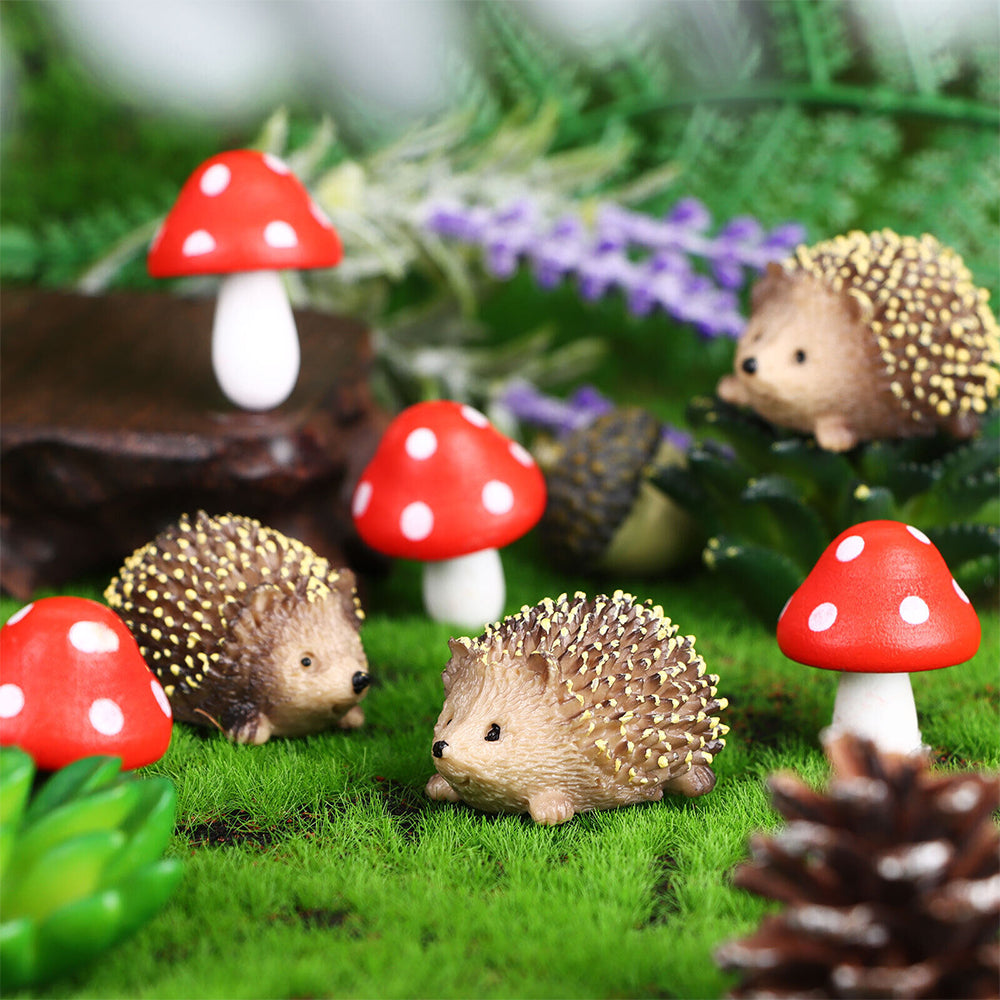 6Pcs Set Miniature Fairy Garden Decor Micro Resin Hedgehogs and Mushroom Sculpture Set