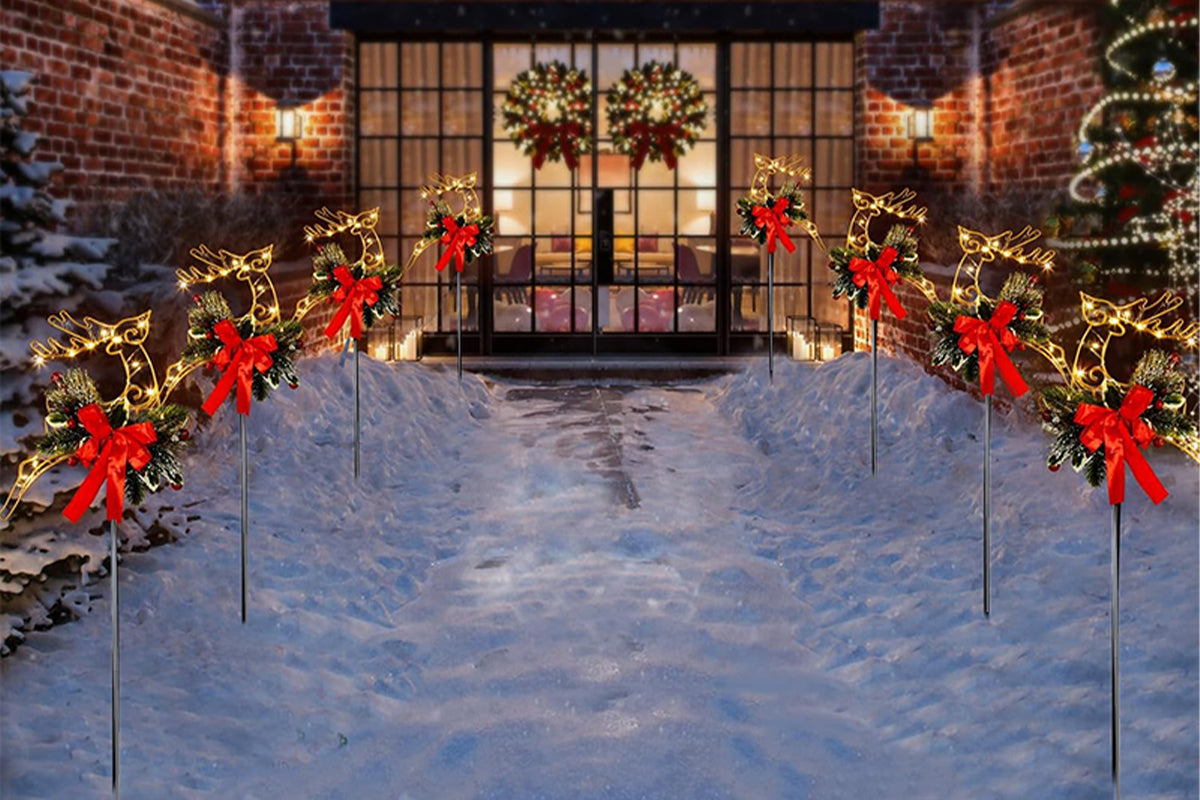 2Pcs 30LED Outdoor Christmas Reindeer Lights Garden Stake Lights Lawn Yard Metal Decorations Battery Powered Xmas Warm Light
