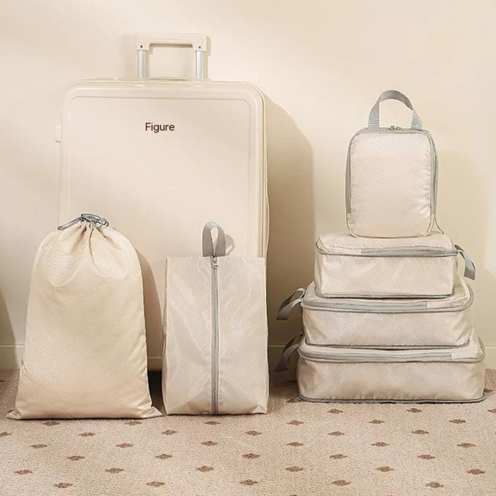 6Pcs Set Packing Cubes Travel Bags Compression Packing Organizer Bags for Travel Suitcases Storage Bags Beige