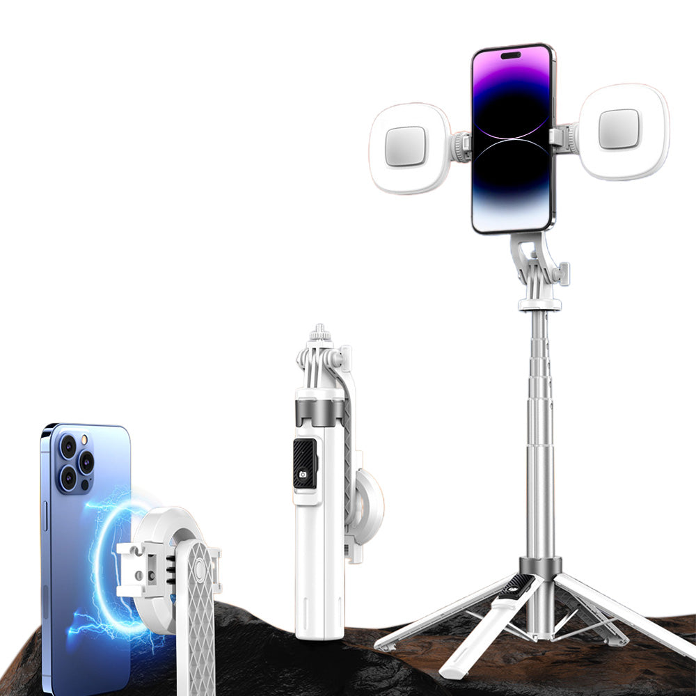 Portable Phone Tripod Stand Retractable Selfie Stick with Remote Control and Fill Light for Photograph Video Recording White